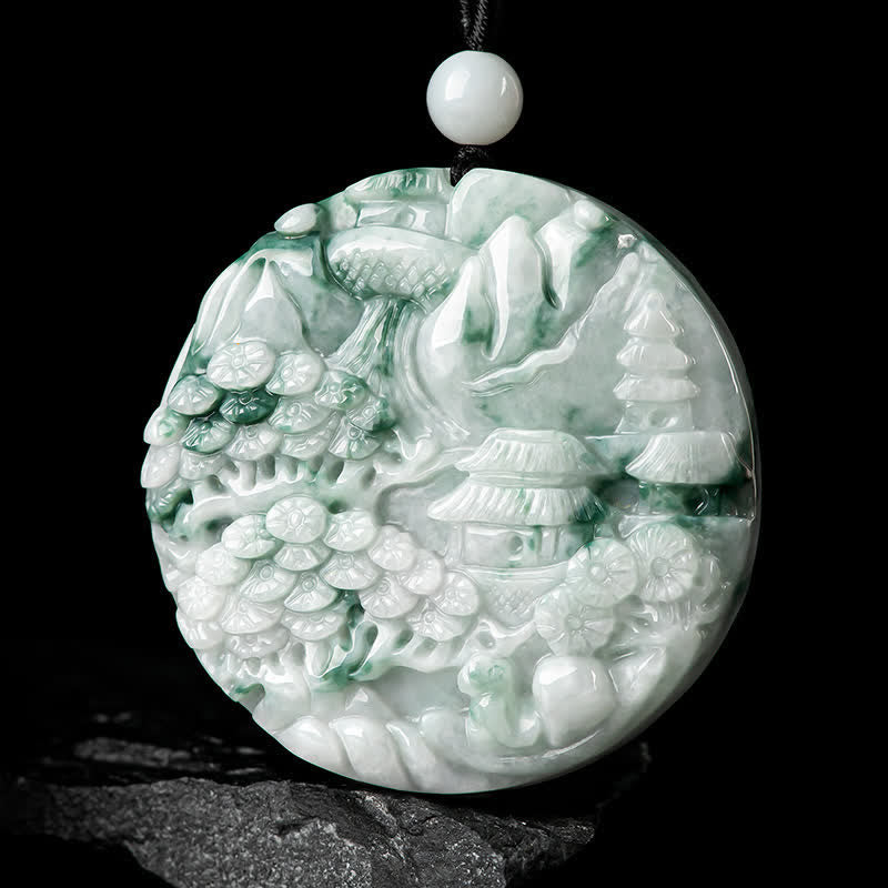 Collana con corda di abbondanza di giada con paesaggio montano Buddha Stones