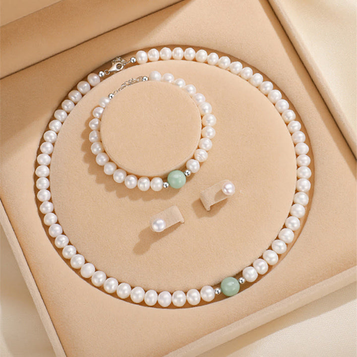 Buddha Stones 925 Sterling Silver Perla Naturale Giada Collana Bracciale Orecchini Guarigione Con Scatola Regalo - Set di perle (collana, bracciale, orecchini) - image 0