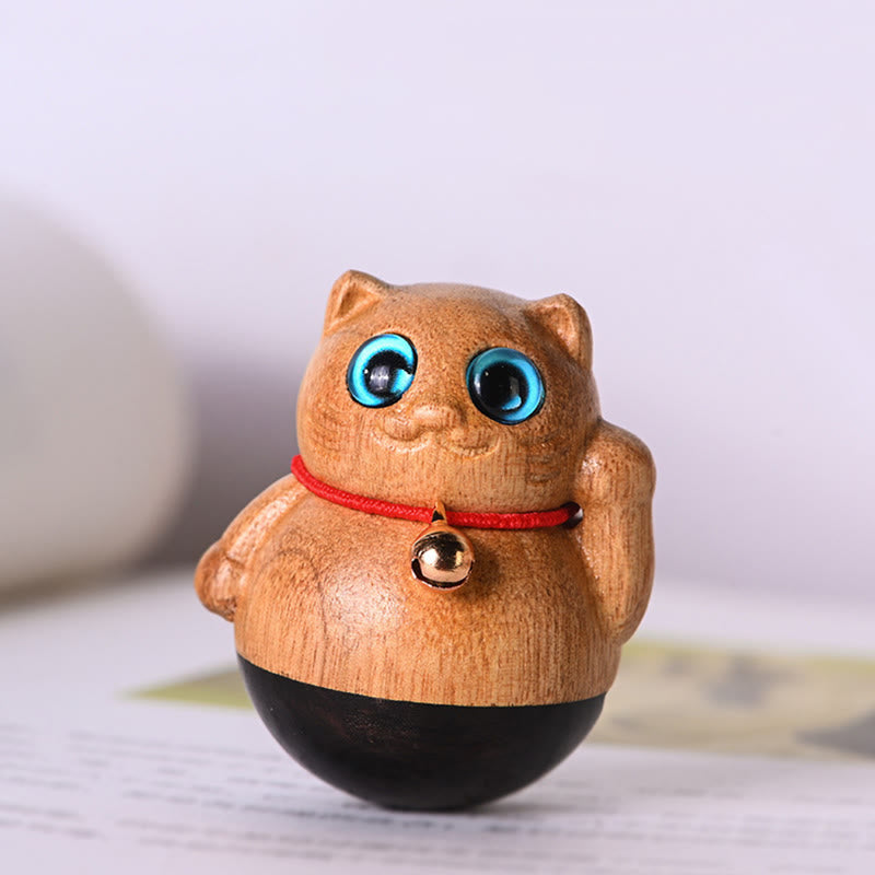Buddha Stones Mini Gatto Fortunato Gattino Phoebe Zhennan Decorazione di Benedizione del Legno - 3,5*4,4 cm - image 0