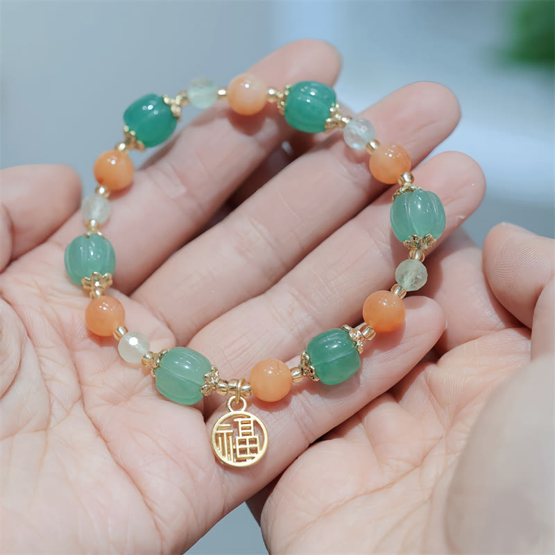 Buddha Stones Natural Golden Silk Jade Zucca Perlina Fu Carattere Charm Bracciale Ricchezza