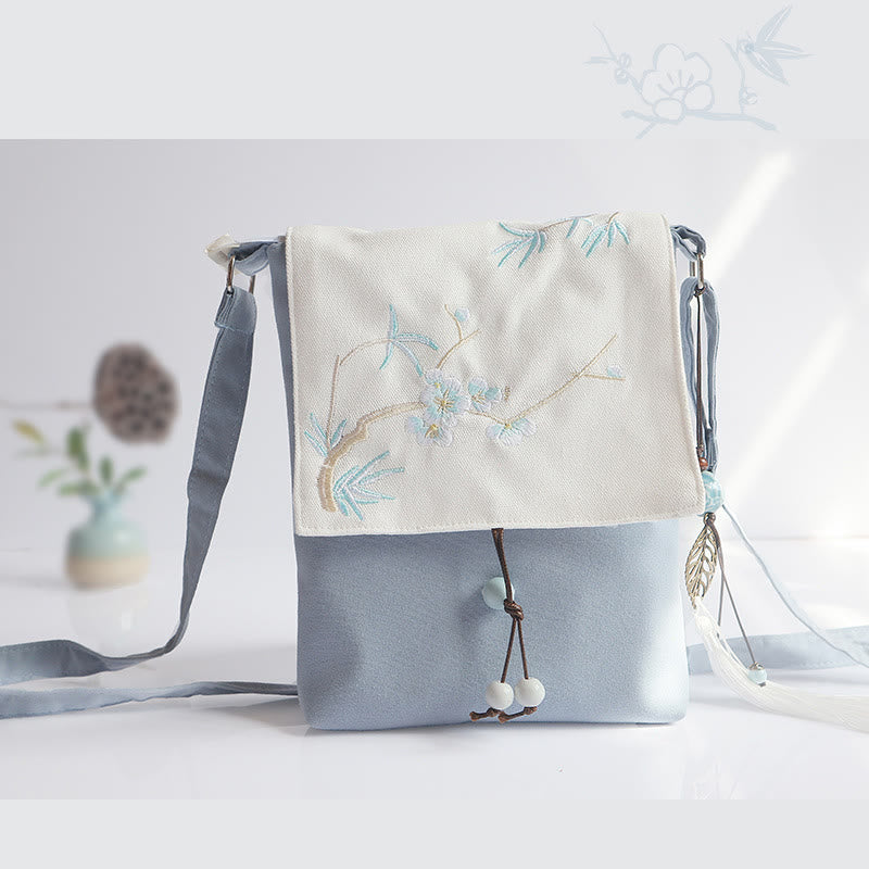 Borsa a tracolla in tela con fiori di prugna ricamati a mano , Buddha Stones, borsa a tracolla