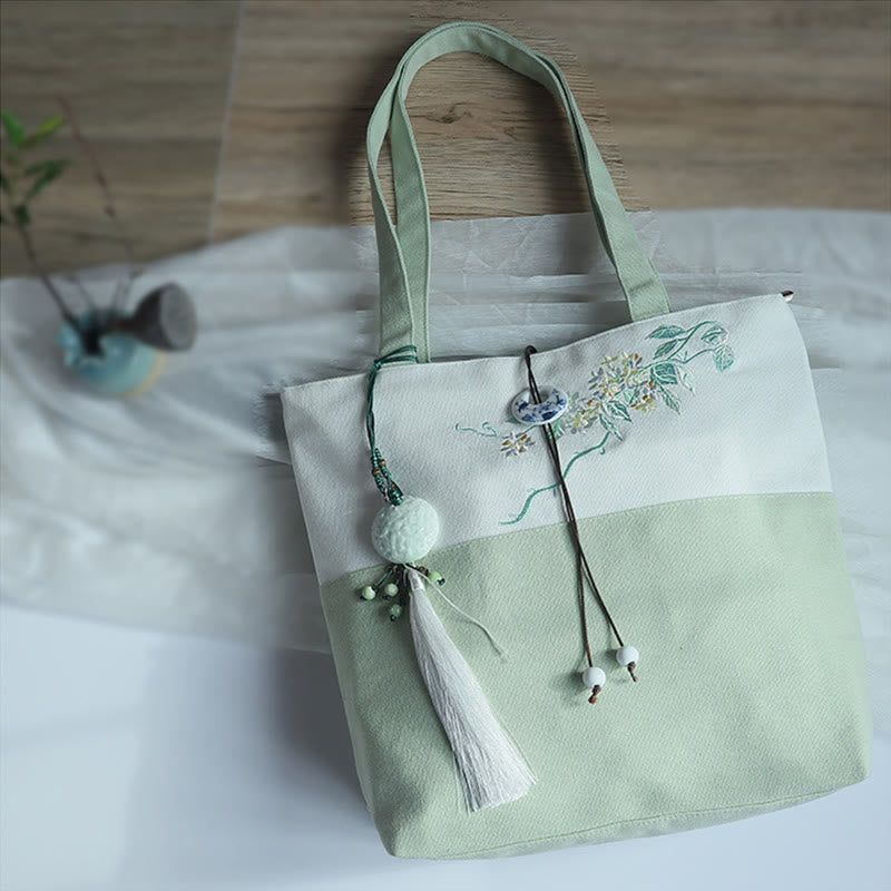 Borsa a tracolla grande capacità in tela con ricamo in bambù, prugna, fiore di pera, pesco - image 35