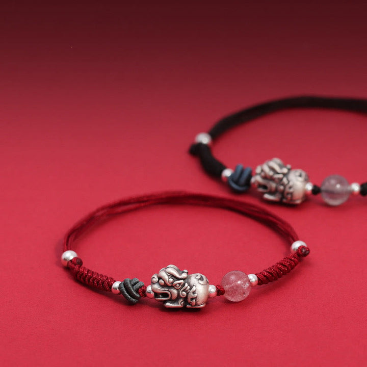 Bracciale intrecciato Buddha Stones 999 Sterling Silver PiXiu Strawberry Quartz Bead Wealth Luck - image 0