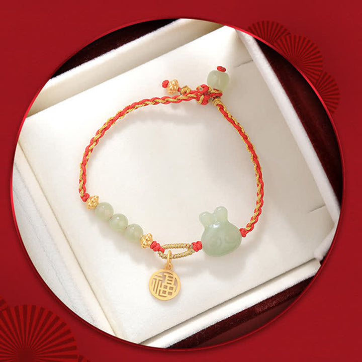 Braccialetto in corda rossa con Buddha Stones in argento sterling 925 Anno del coniglio in giada Hetian Felicità Fortuna