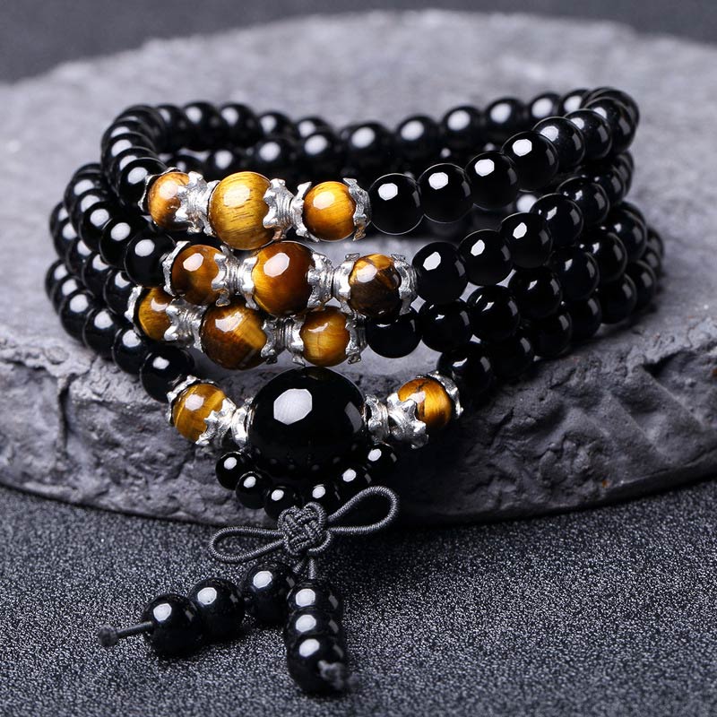 Buddha Stones Bracciale Mala con 108 perle in ossidiana nera naturale e occhio di tigre - image 1