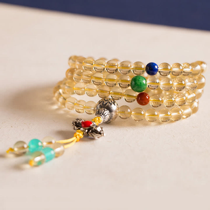 Braccialetto con ciondolo in argento sterling 925, 108 perline Mala, citrino naturale, agata rossa, ambra e piacere