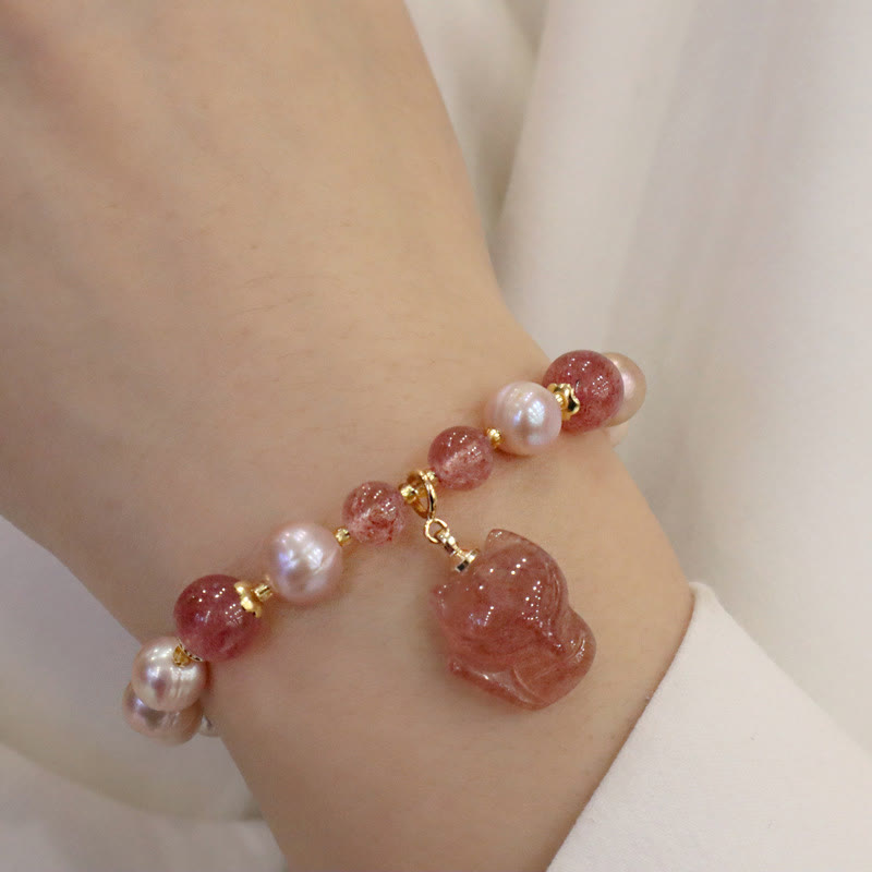 Braccialetto con ciondolo guarigione amore volpe carina perla naturale quarzo fragola Buddha Stones