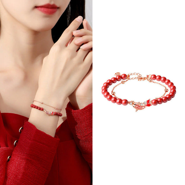 Bracciale a catena a doppio strato con zirconi e cinabro, in argento sterling 925, con pesce koi portafortuna, Buddha Stones - image 12