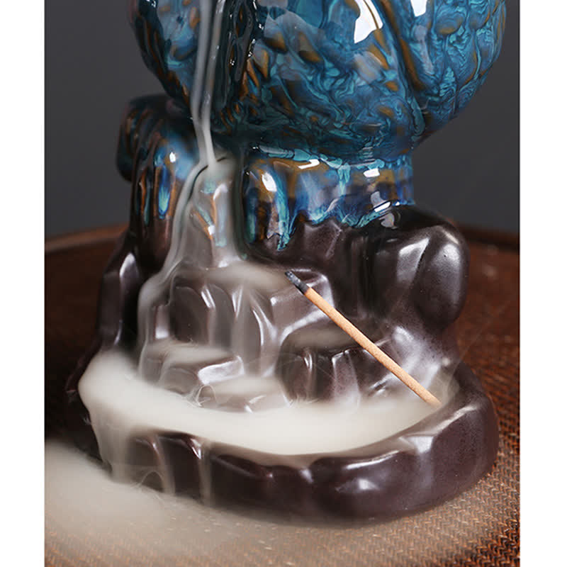 Buddha Stones Gufo carino Fontana di fumo a riflusso in ceramica Bruciatore di incenso Decorazione per meditazione