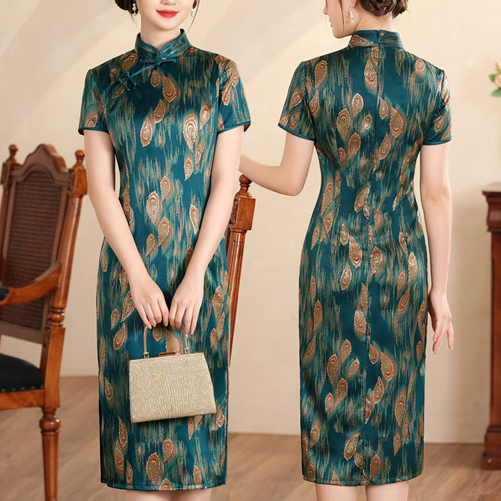 Abito da donna in cheongsam con stampa di piume di peonia e fiori di loto retrò Buddha Stones - Piuma Verde - US16, UK/AU20, EU48 (5XL) - image 19