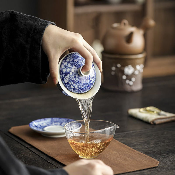 Buddha Stones Vintage Blu e Bianco Porcellana Ceramica Gaiwan Sancai Tazza da Tè Kung Fu Tazza da Tè e Piattino con Coperchio