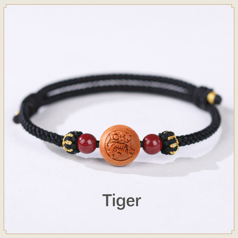 Braccialetto della ricchezza in cinabro intagliato con carattere dello zodiaco cinese Fu in legno di pesca naturale Buddha Stones - Tigre-Nero (Circonferenza del polso 14-18 cm) - image 11