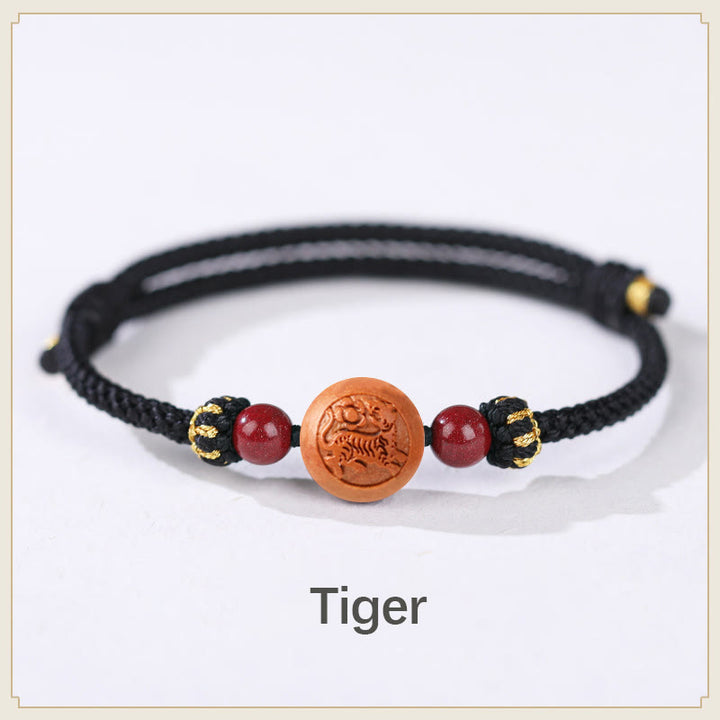 Braccialetto della ricchezza in cinabro intagliato con carattere dello zodiaco cinese Fu in legno di pesca naturale Buddha Stones - Tigre-Nero (Circonferenza del polso 14-18 cm) - image 11