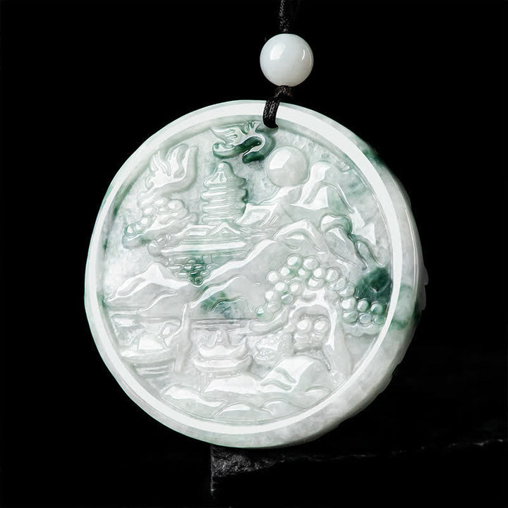 Collana con corda di abbondanza di giada con paesaggio montano Buddha Stones