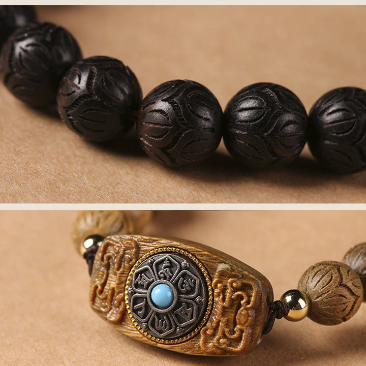 Braccialetto rilassante Om Mani Padme Hum in legno di sandalo verde e legno di ebano e sandalo Buddha Stones