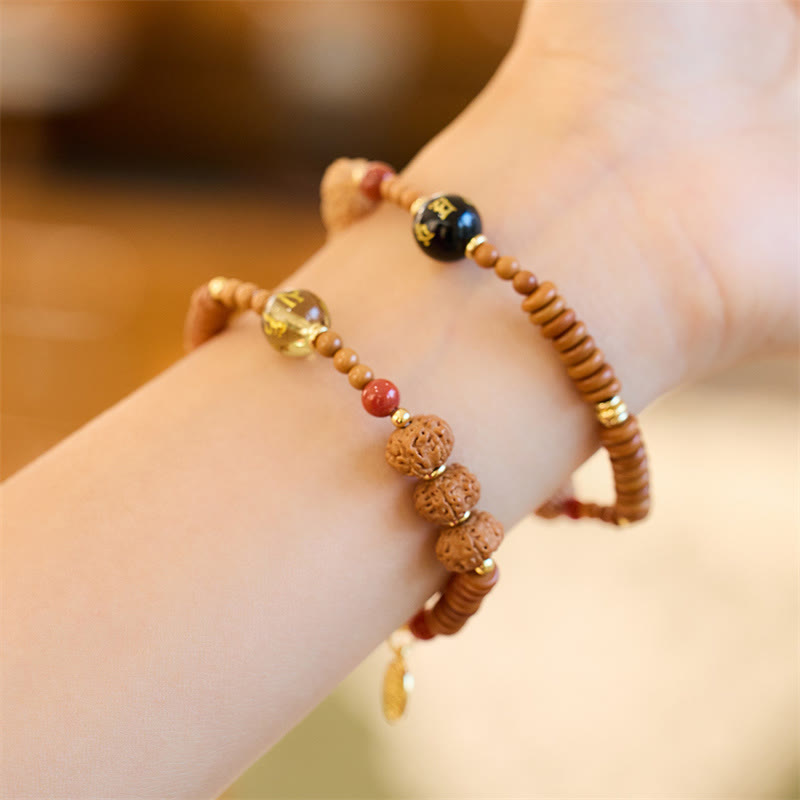 Buddha Stones Semi di Bodhi Tibetano Onice Nero Quarzo Fumé Om Mani Padme Hum Fu Carattere Bracciale Ricchezza