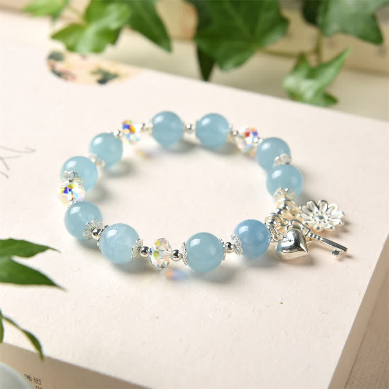 Bracciale con ciondolo a forma di chiave dell'amore con fiore di serenità in argento sterling 925 e acquamarina naturale Buddha Stones - image 5