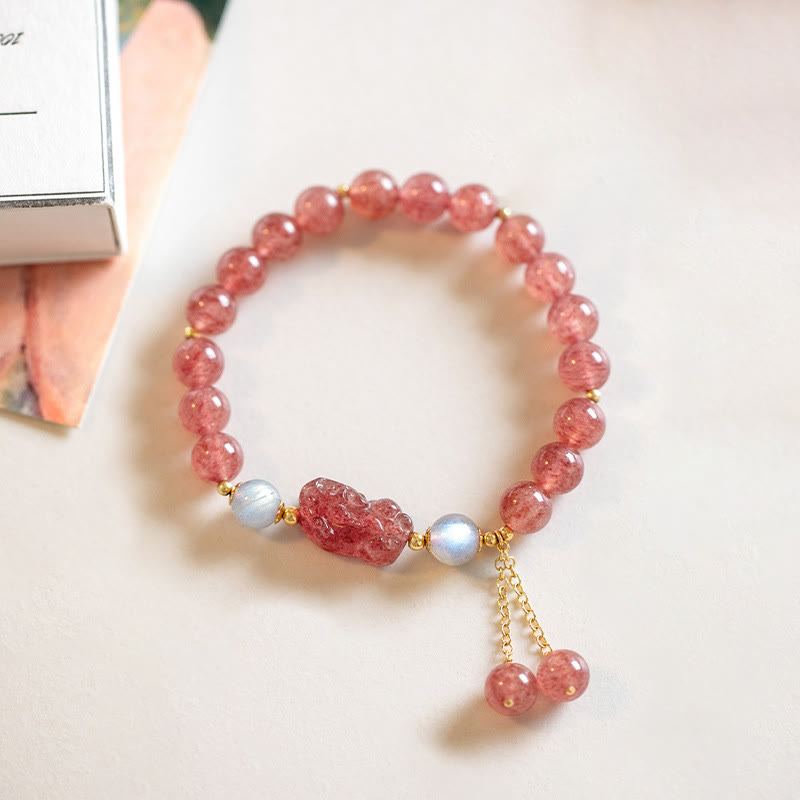 Buddha Stones Natural Strawberry Quartz Moonstone Braccialetto di guarigione dell'amore PiXiu