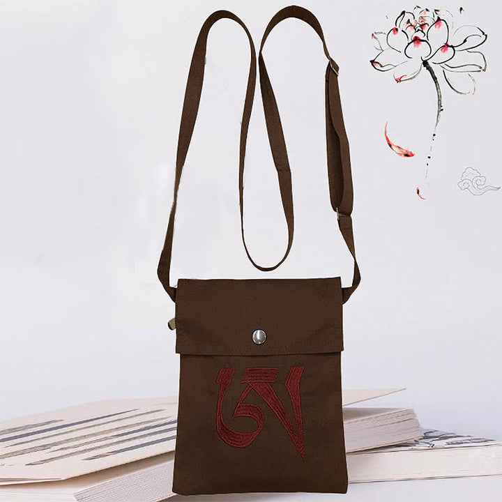 Borsa a tracolla in cotone ricamata a mano con mantra OM e pratica spirituale della mente, borsa a tracolla per cellulare - Borsa a tracolla marrone per la pratica spirituale del Mantra - image 8