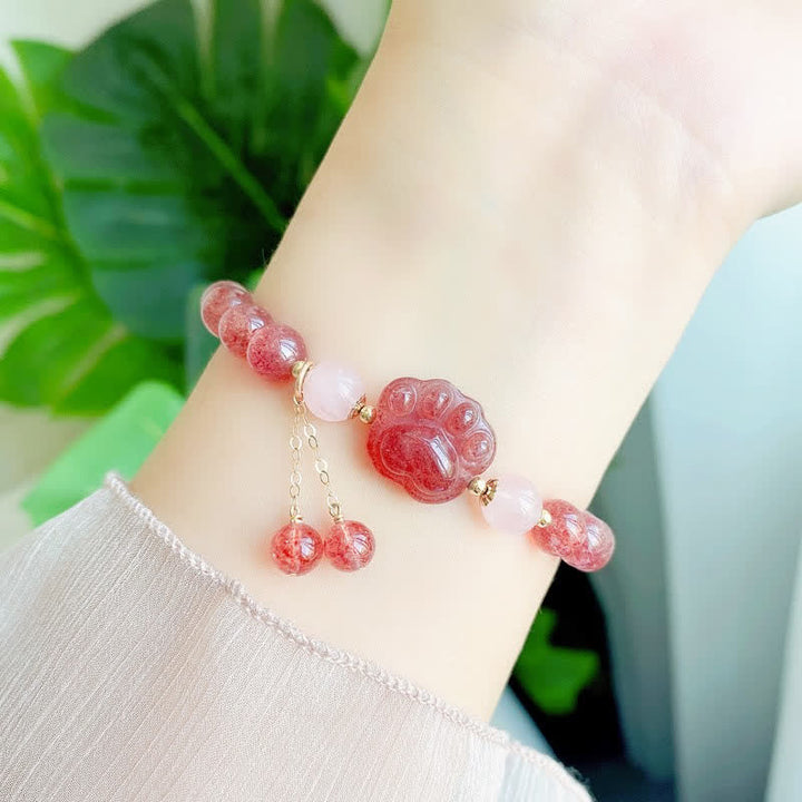 Braccialetto dell'amore con zampa di gatto portafortuna in cristallo rosa e quarzo fragola naturale Buddha Stones - image 2