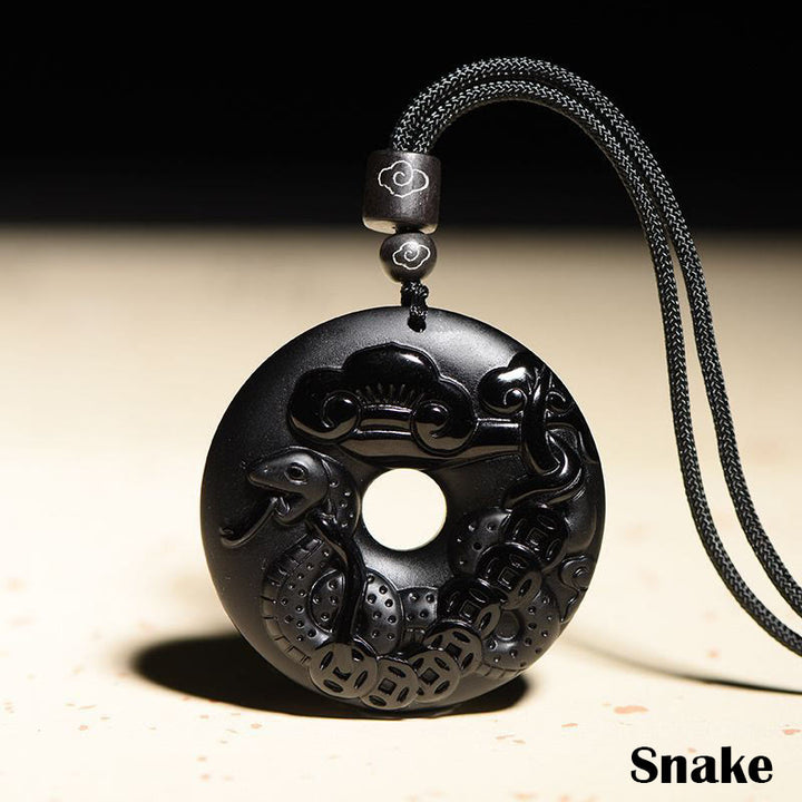 Buddha Stones Zodiaco Cinese Ossidiana Nera Naturale Fibbia della Pace Forza Collana Pendente - Serpente - image 17