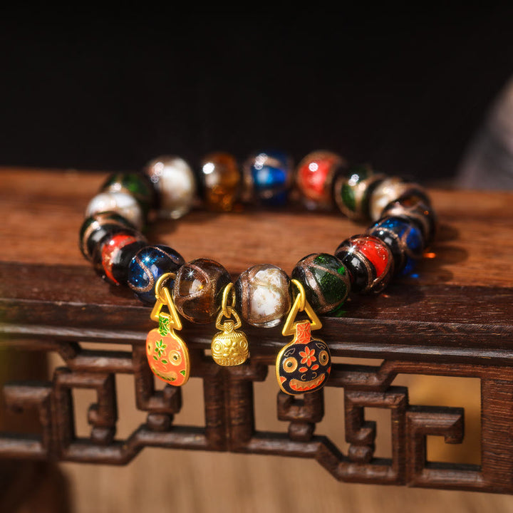 Buddha Stones Cinque Elementi Oro Bestia che deglutisce Fascino Famiglia Braccialetto Portafortuna con Perline di Vetro Liuli - Liuli Glass Bead&Flat Orange Black Gold Famiglia di bestie inghiottitrici - 14 mm (15 perline) - image 6