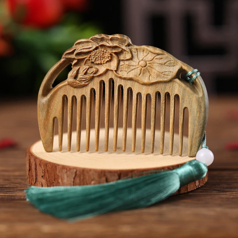 Pettine con nappa di cura inciso a forma di fiore di peonia volpe sandalo verde