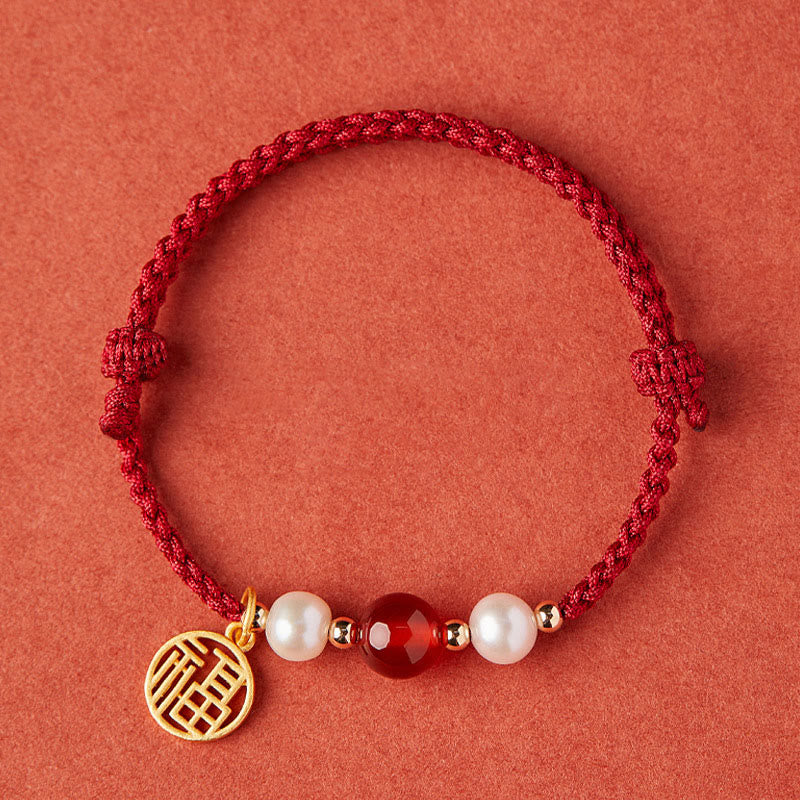Braccialetto intrecciato in corda rossa con perle di agata e carattere Fu in argento sterling 925 con pietre Buddha Stones - Carattere Fu - Ciondolo Fortuna in argento sterling 925 con ciondolo cavo (circonferenza polso 14-18 cm) - image 10
