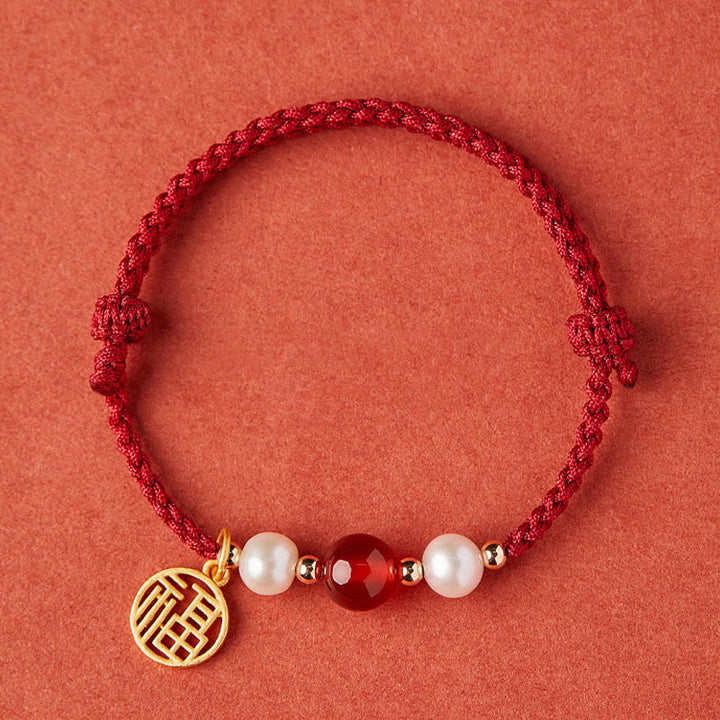 Braccialetto intrecciato in corda rossa con perle di agata e carattere Fu in argento sterling 925 con pietre Buddha Stones - Carattere Fu - Ciondolo Fortuna in argento sterling 925 con ciondolo cavo (circonferenza polso 14-18 cm) - image 10