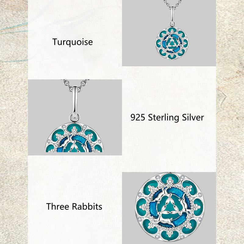 Collana pendente in argento sterling 925 con tre conigli in equilibrio, turchese rotondo , Buddha Stones - image 8