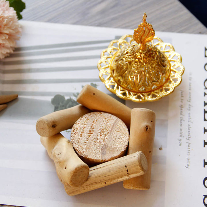 Mini bruciatore di incenso curativo in lega d'oro con sottobicchiere in legno, decorazione per la casa