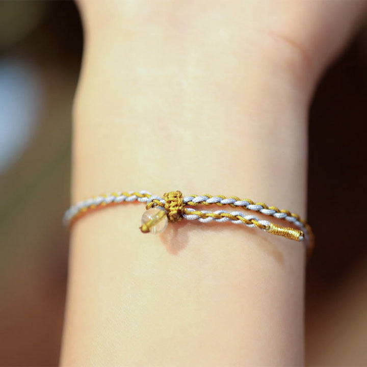 Braccialetto intrecciato con carattere Fu in argento sterling 925, giada naturale, quarzo rutilato e zucca, con fortuna