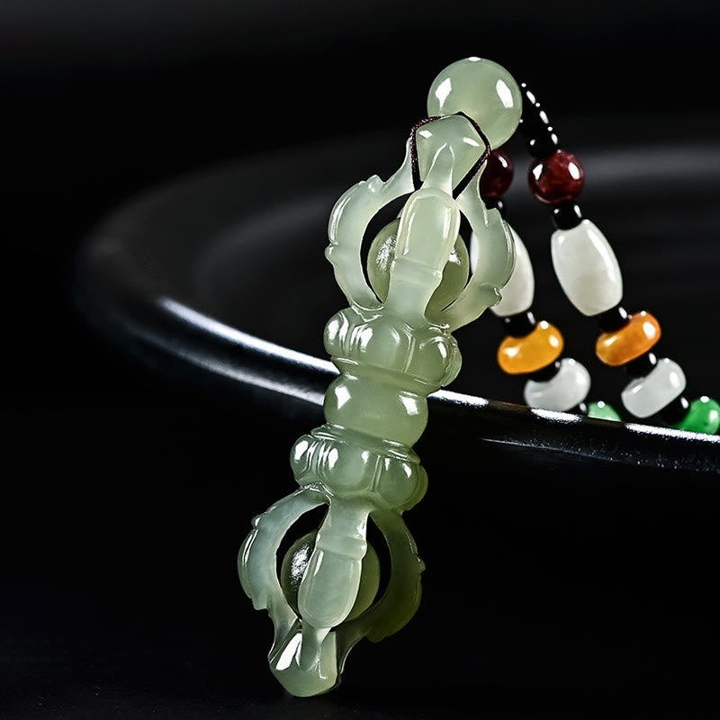 Collana con ciondolo di successo inciso Dorje Vajra in giada ciano naturale tibetana e giada bianca - Giada Ciano Hetian (Successo ♥ Guarigione) - image 0