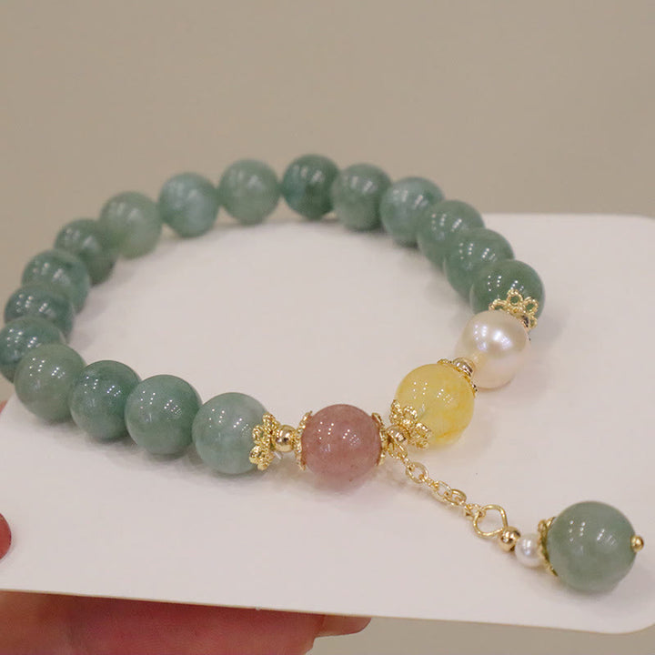 Braccialetto con ciondolo di perle di giada e quarzo fragola, Buddha Stones , abbondanza e fortuna