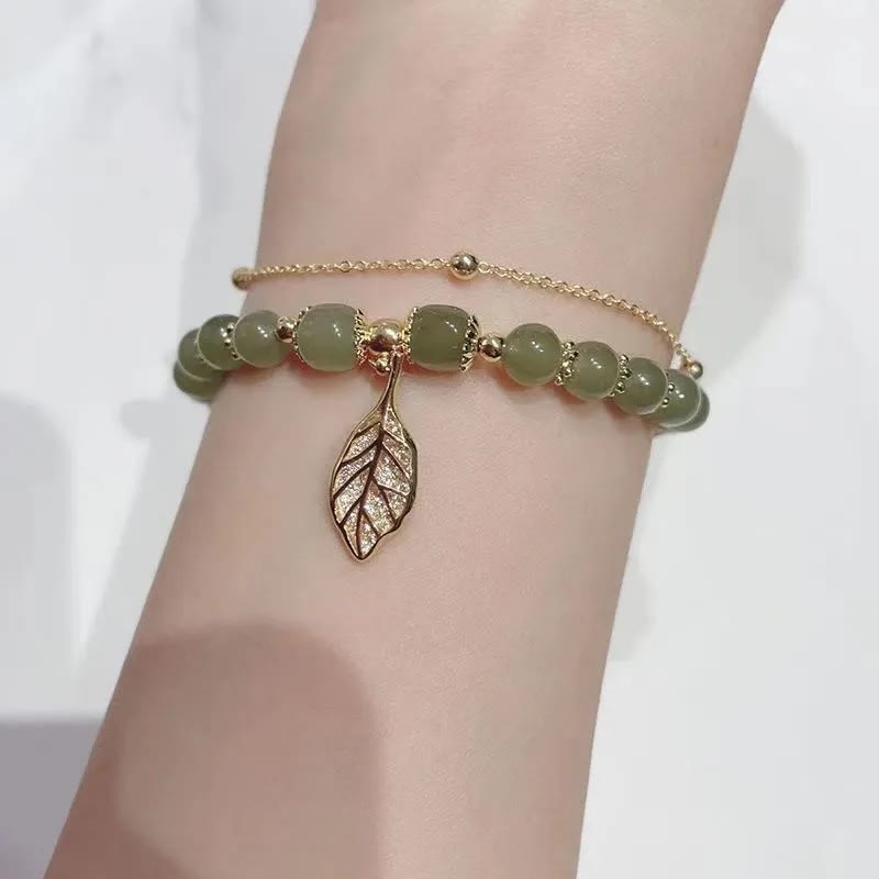 Braccialetto di perline con carattere Fu , Buddha Stones di giada, foglia di ginkgo, tulipano, arachidi e fortuna - image 6