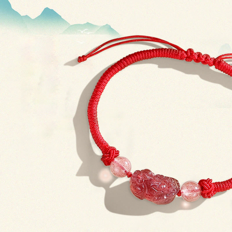 Braccialetto intrecciato di protezione PiXiu in quarzo fragola con ossidiana lucida in argento naturale fatto a mano Buddha Stones - image 9