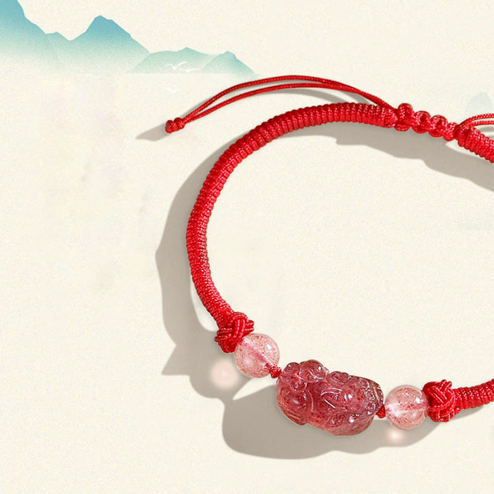 Braccialetto intrecciato di protezione PiXiu in quarzo fragola con ossidiana lucida in argento naturale fatto a mano Buddha Stones - image 9