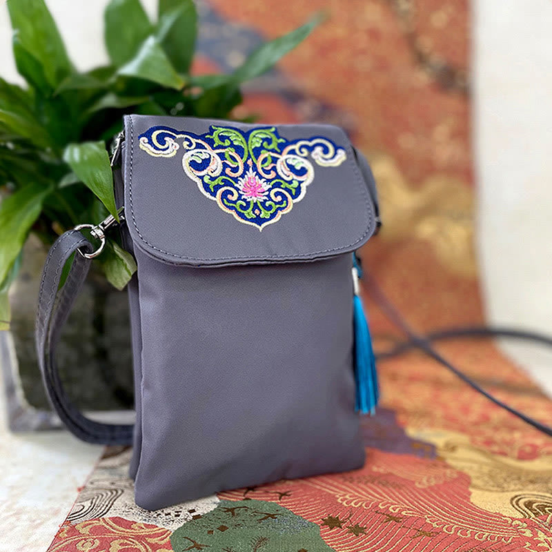 Borsa a tracolla con fiori di loto ricamati a mano, impermeabile , Buddha Stones , borsa per cellulare