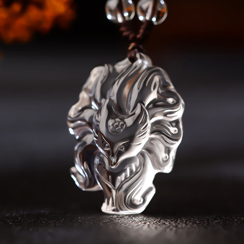 Collana con ciondolo portafortuna a forma di volpe a nove code, in cristallo bianco, ametista naturale, citrino e Buddha Stones