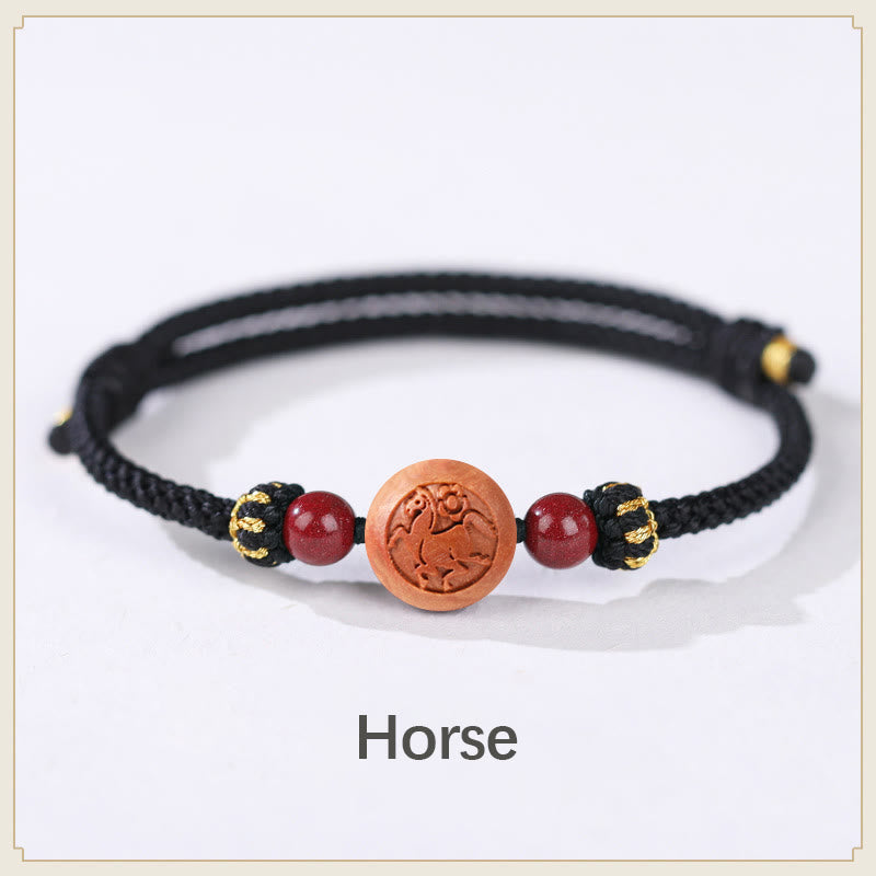 Braccialetto della ricchezza in cinabro intagliato con carattere dello zodiaco cinese Fu in legno di pesca naturale Buddha Stones - Cavallo nero (circonferenza del polso 14-18 cm) - image 19
