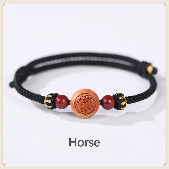 Braccialetto della ricchezza in cinabro intagliato con carattere dello zodiaco cinese Fu in legno di pesca naturale Buddha Stones - Cavallo nero (circonferenza del polso 14-18 cm) - image 19