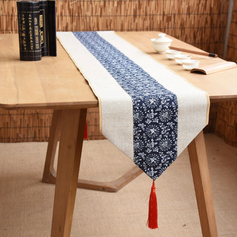 Buddha Stones Stile cinese classico Loto Koi Pesce Fiore Gru Calligrafia Illuminazione Cotone Lino Nappe Runner da tavolo