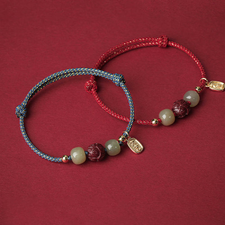 Braccialetto di corda artigianale Buddha Stones in giada Hetian placcato oro 14K, cinabro e loto portafortuna - image 10