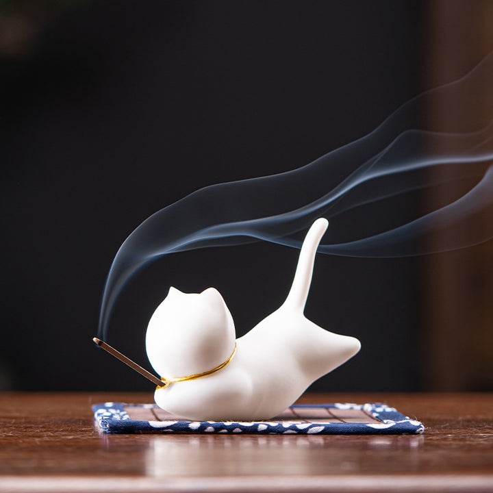 Decorazione per bruciatore di incenso in ceramica con gatto e panda, per benedizione - Porta incenso a forma di gatto bianco - image 2