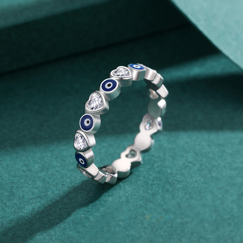 Anello di benedizione con zircone a forma di cuore con occhio malvagio in argento sterling 925 Buddha Stones - image 1