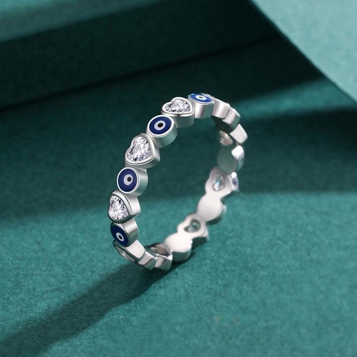 Anello di benedizione con zircone a forma di cuore con occhio malvagio in argento sterling 925 Buddha Stones - image 1