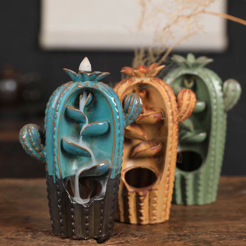 Bruciatore di incenso con fontana di fumo a riflusso curativo in ceramica di cactus - image 1